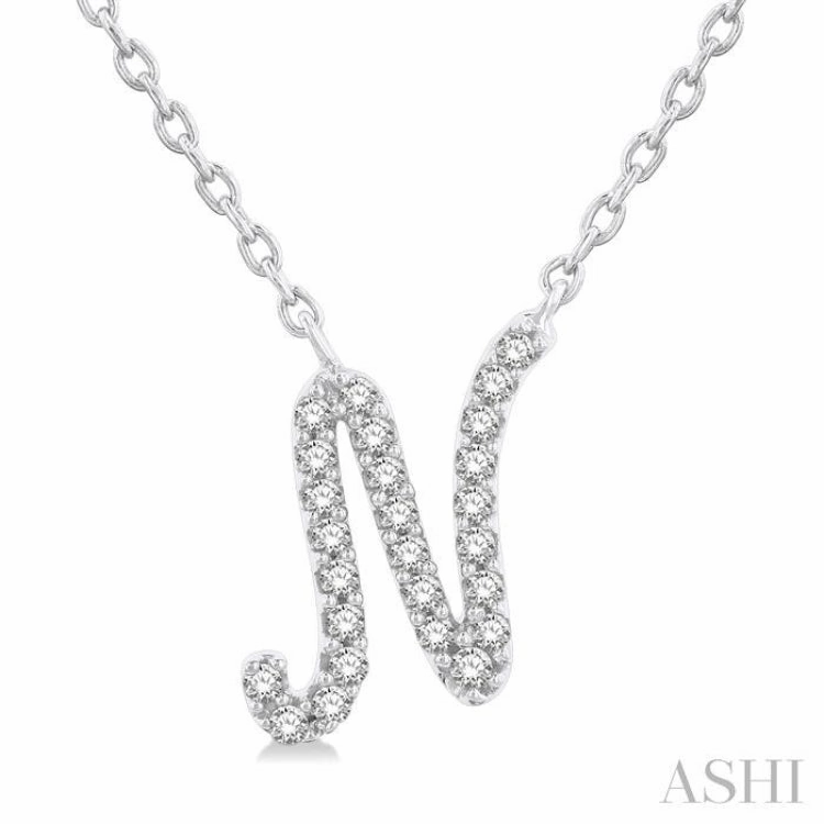 1/10 Ctw Initial 'N' Round cut Diamond Pendant With Chain in 10K White Gold Unique Style