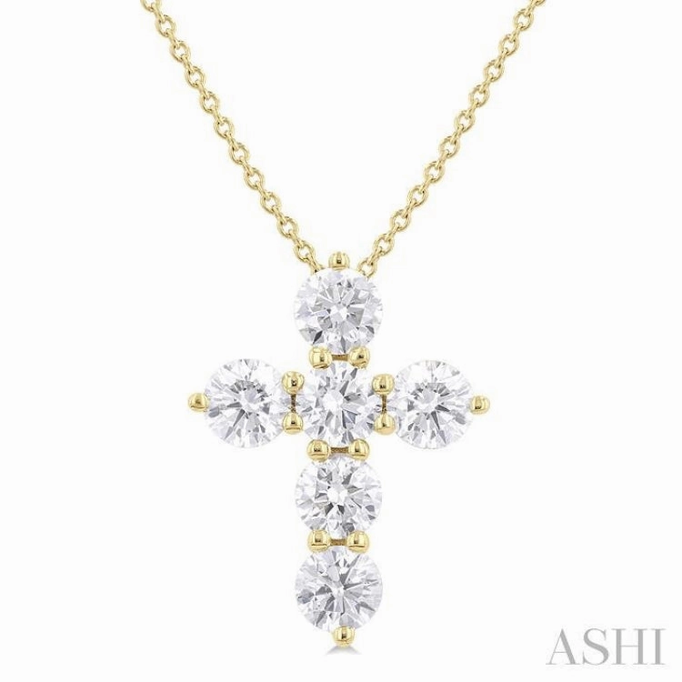 1 1/2 Ctw Round Cut Diamond Christian Cross 6-Stone Fashion Pendant With Chain in 14K Yellow Gold Trendy Accent
