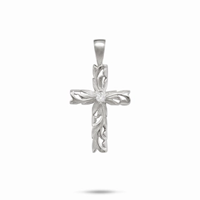 Set Jewelry Hawaiian Heirloom Old English Scroll Cross Pendant in White Gold with Diamond - 23mm