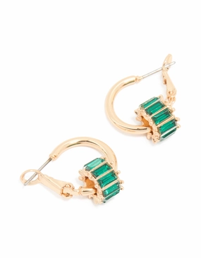 Artistic Edge Shiny Accent Gold & Green Baguette Rondell Huggie Earrings