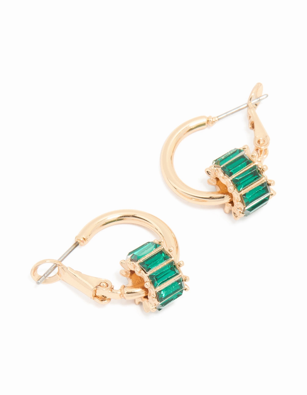 Artistic Edge Shiny Accent Gold & Green Baguette Rondell Huggie Earrings