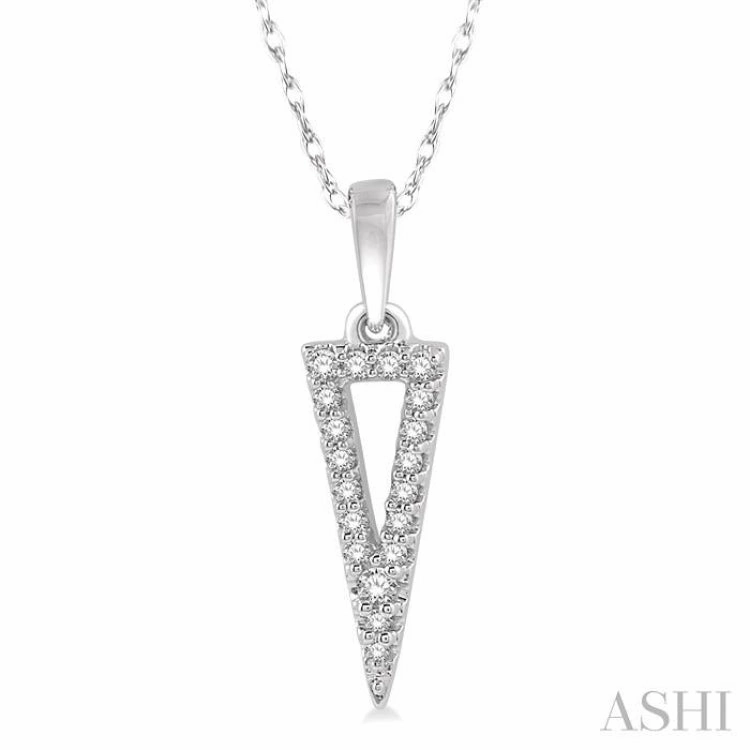 1/10 Ctw Hollow Center Inverted Triangle Round Cut Diamond Pendant With Chain in 10K White Gold Daytime Look
