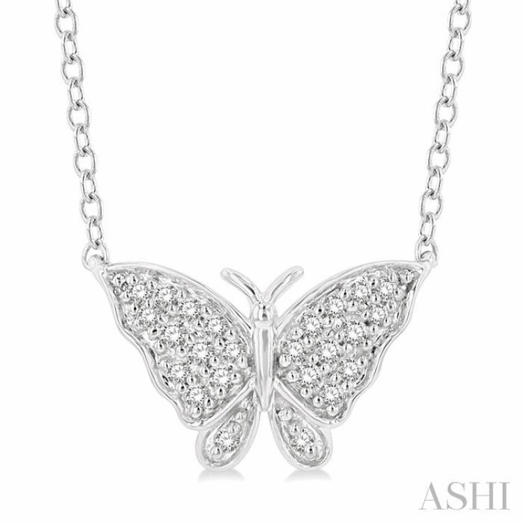 Timeless Mood 1/10 Ctw Butterfly Petite Round Cut Diamond Fashion Pendant With Chain in 10K White Gold
