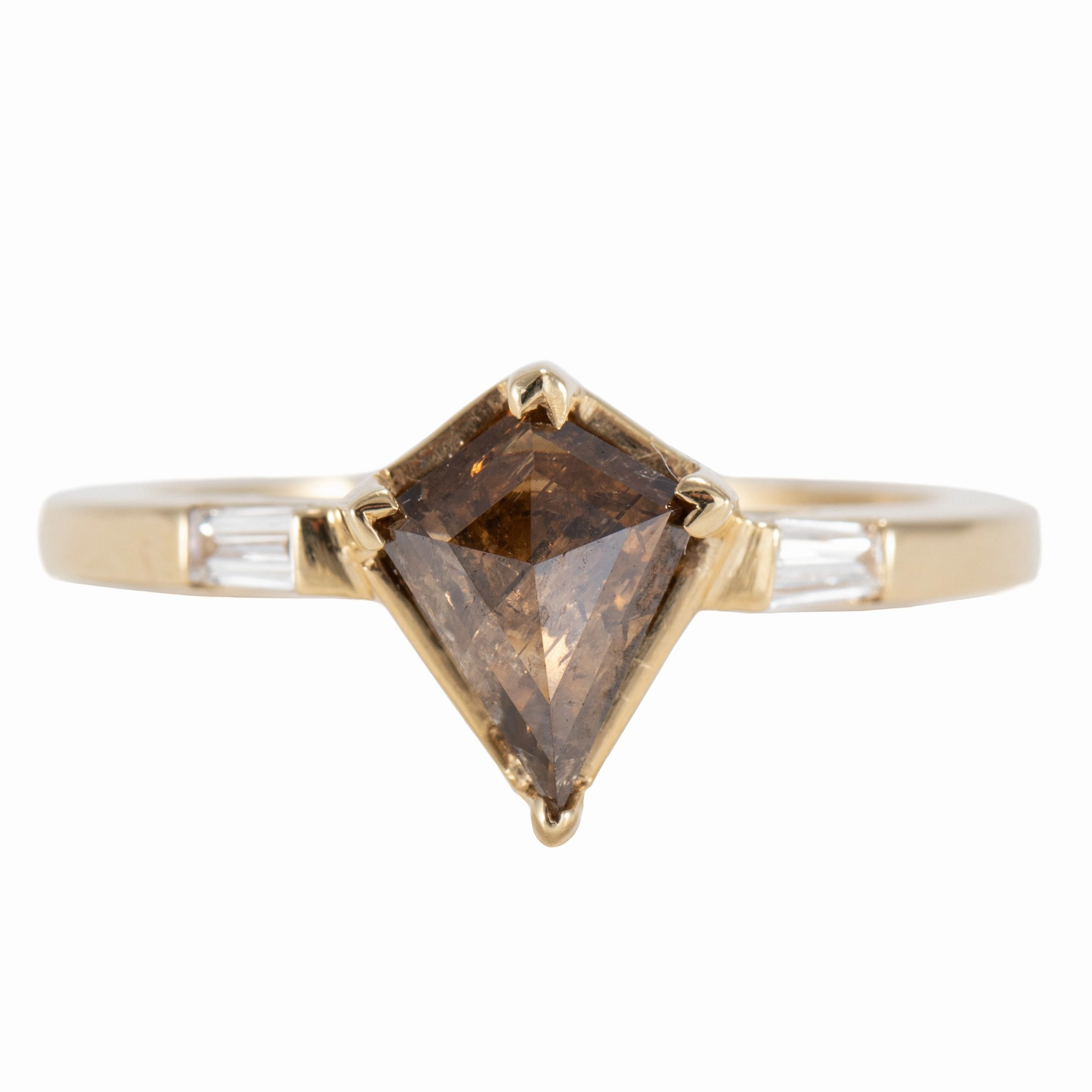 OOAK Brown Kite Shaped Diamond Ring - 18k Gold   Flush Set Baguette Diamonds Exclusive Touch Stylish Detail