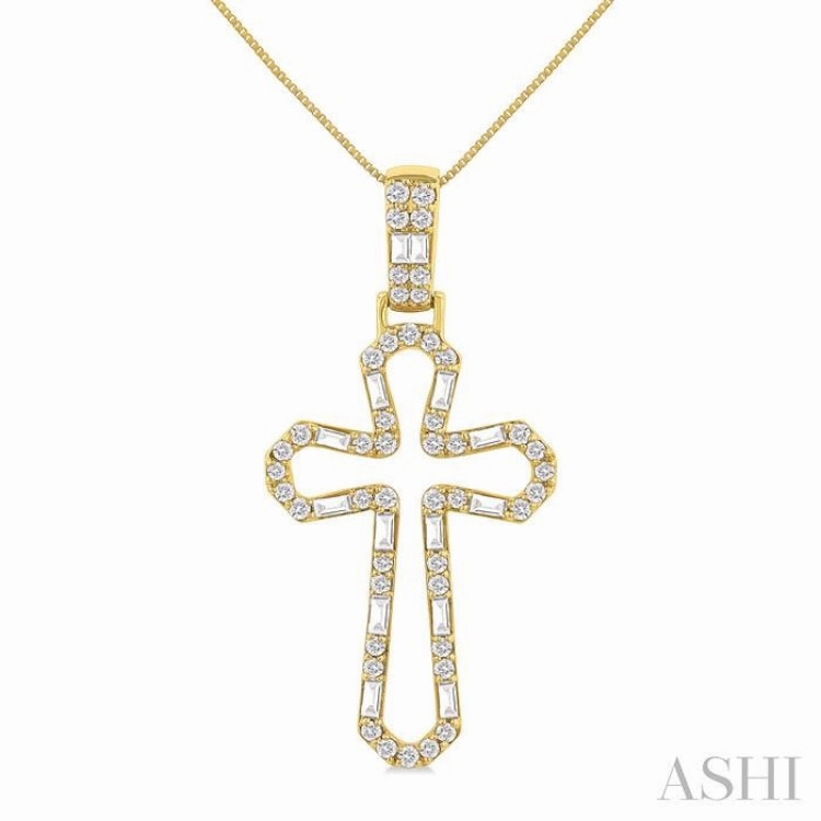 1/2 Ctw Open Window Cross Frame Baguette and Round Cut Diamond Fashion Pendant With Chain in 10K Yellow Gold Inspiring Gift Modern Minimalist