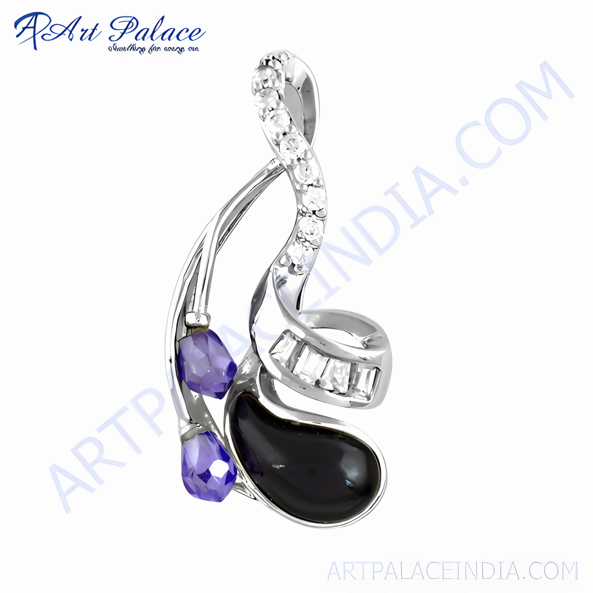 Unique Amethyst, Zircon, Black Coral, CZ Gemstone 925 Silver Pendant Traditional Adornment