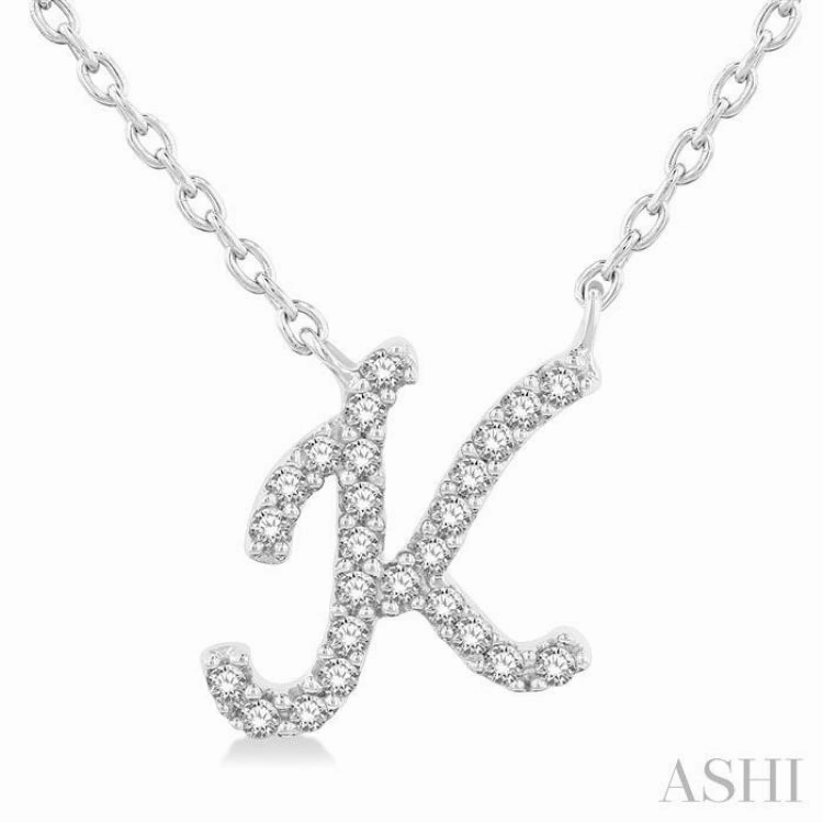 1/20 Ctw Initial 'K' Round cut Diamond Pendant With Chain in 10K White Gold Runway Ready