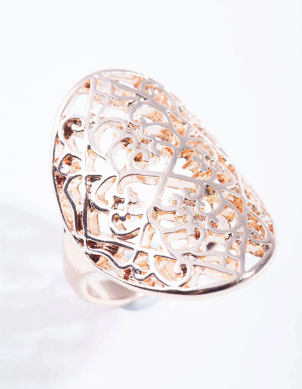 Rose Gold Filigree Shield Ring Glowing Feature Lush Accent