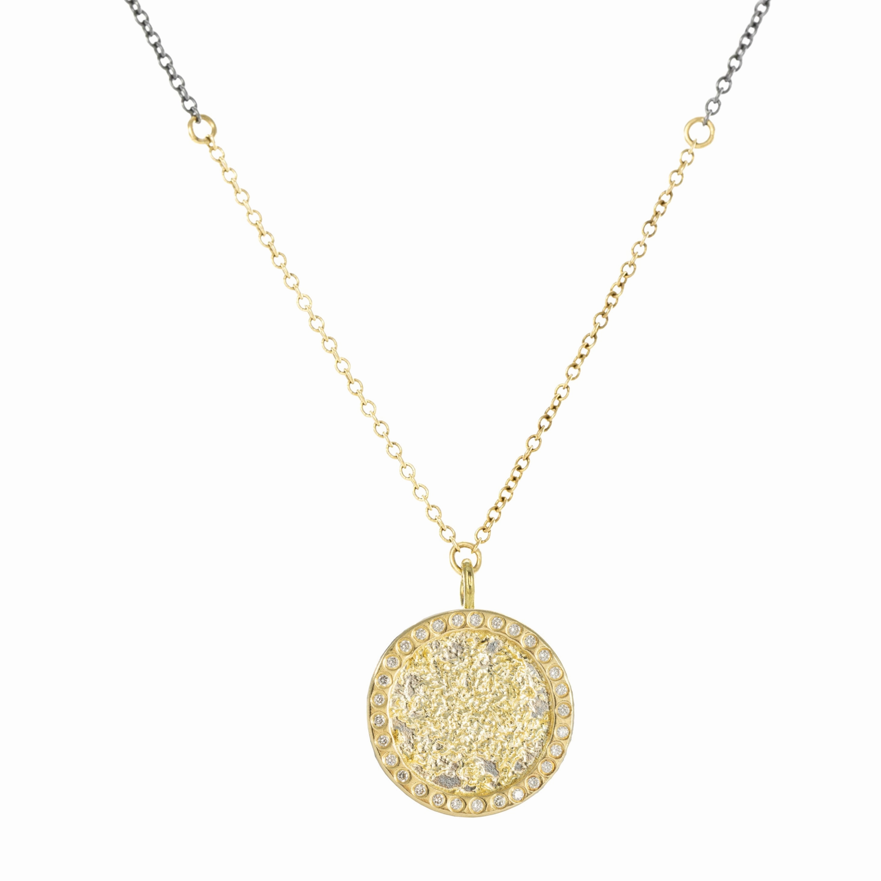 Petite Sol Burst Necklace on Two-Tone Chain - 22k/18k/14k Gold, Oxidized Silver   VS White Diamonds Artistic Creation