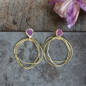 Precious Pieces Ruby Guardian Hoops - Brass, Silver   Ruby
