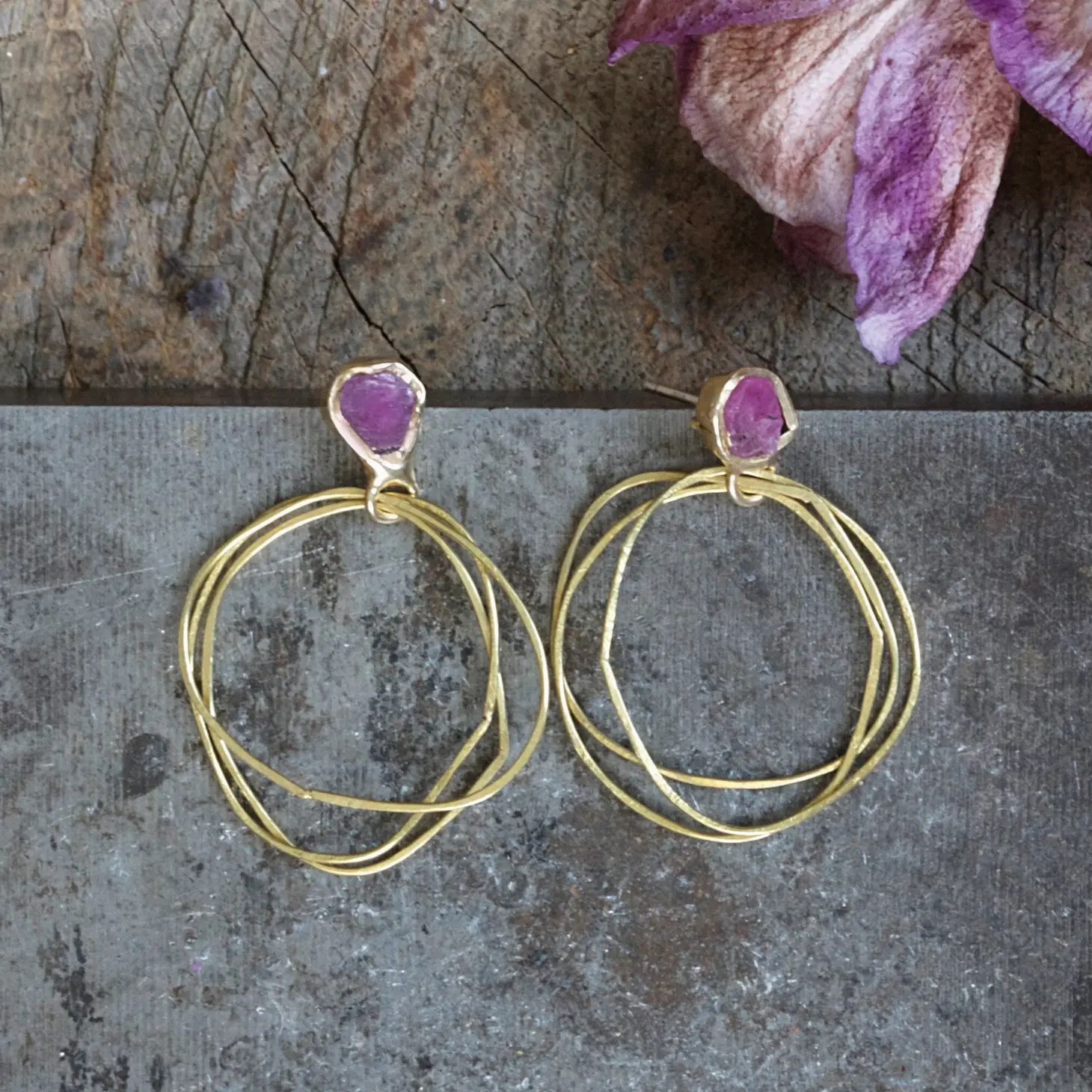 Precious Pieces Ruby Guardian Hoops - Brass, Silver   Ruby
