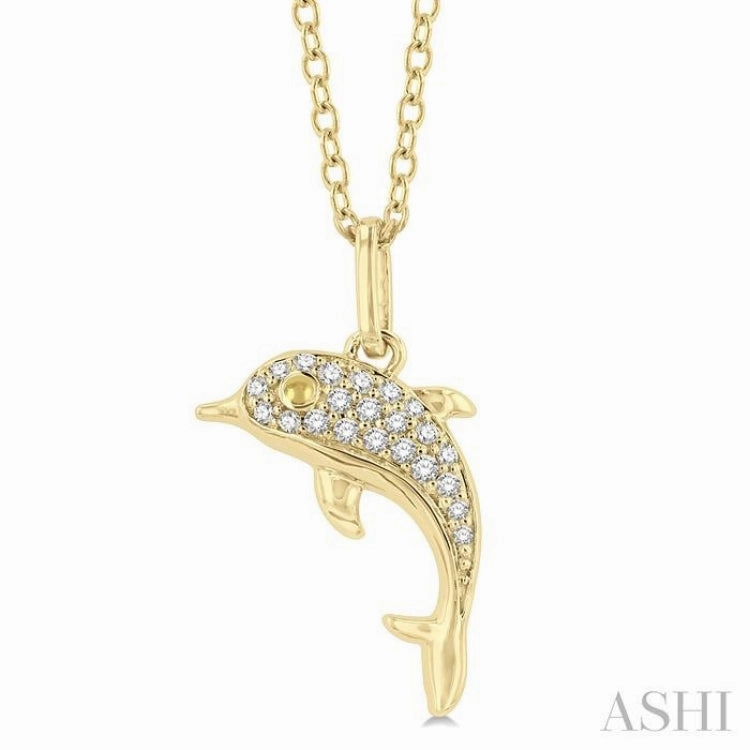 Temporary Adornment Artistic Edge 1/10 Ctw Petite Nautical Dolphin Round Cut Diamond Fashion Pendant With Chain in 10K Yellow Gold