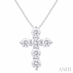 2 Ctw Round Cut Diamond Christian Cross 6-Stone Fashion Pendant With Chain in 14K White Gold Beautiful Adornment Style Setting Accessory