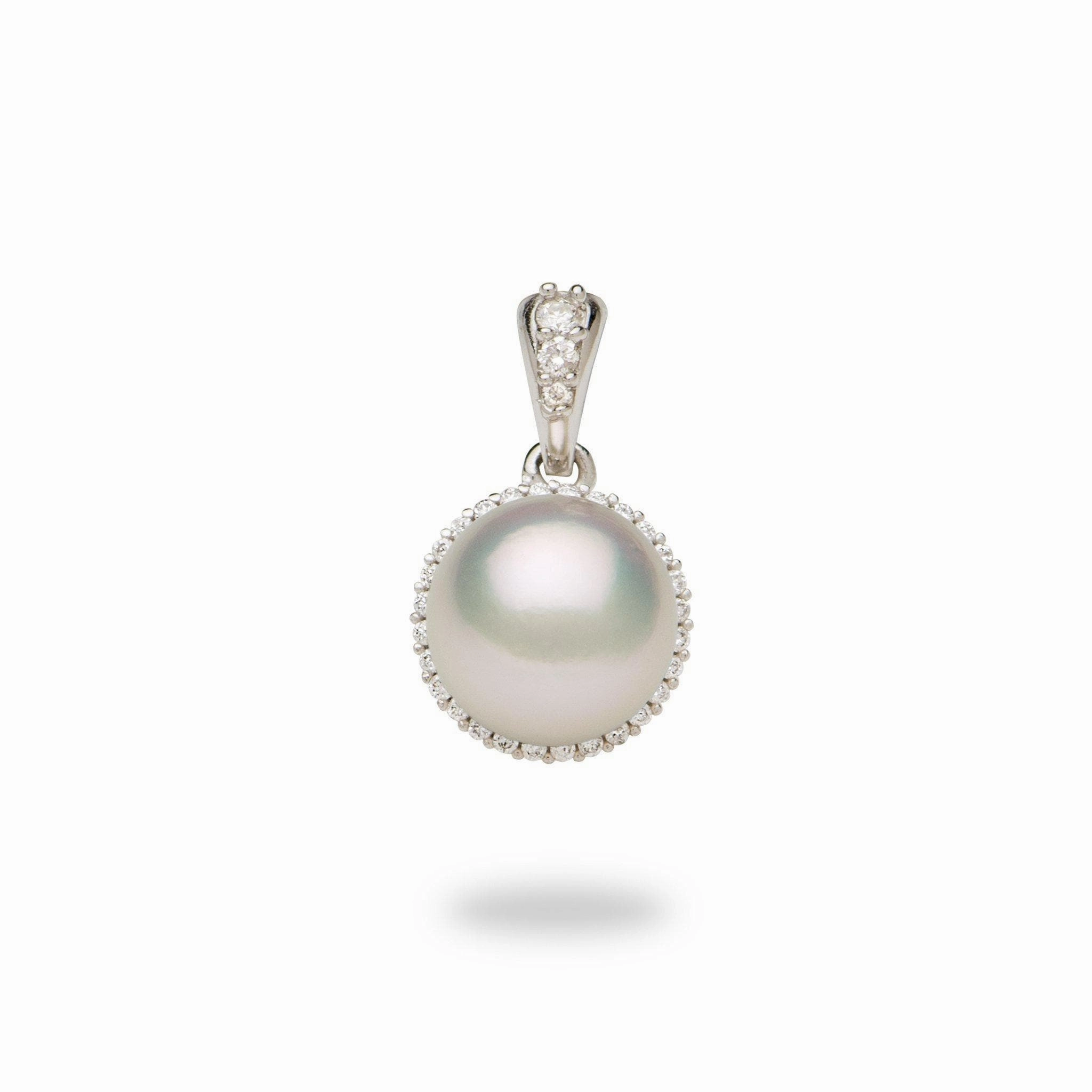 Halo Akoya White Pearl Pendant in White Gold with Diamonds - 8-8.5mm Polished Finish