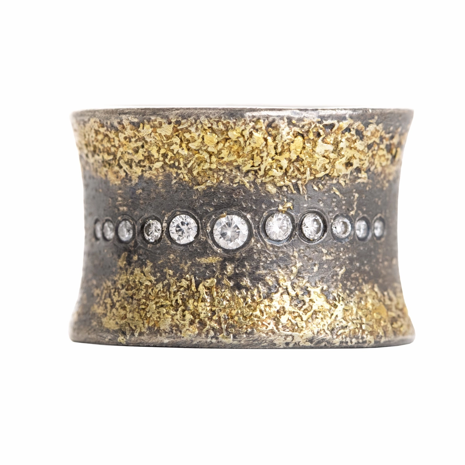 Artful Sparkle Flared Spring Ring - 22k Gold, Oxidized Silver   Reclaimed diamonds