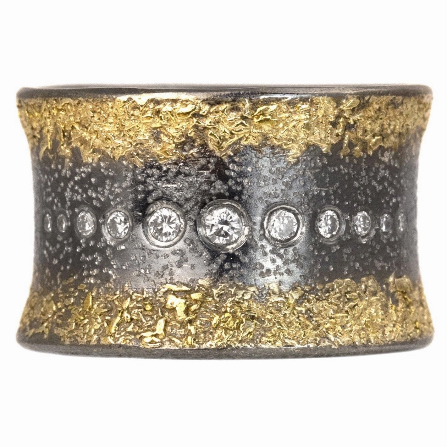 Flared Spring Ring - 22k Gold, Oxidized Silver   Reclaimed diamonds Edgy Light Ocean Look