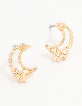 Gold Stapled Moon & Star Stud Earrings Stylish Touch