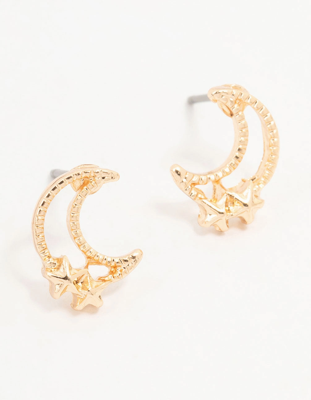 Gold Stapled Moon & Star Stud Earrings Stylish Touch