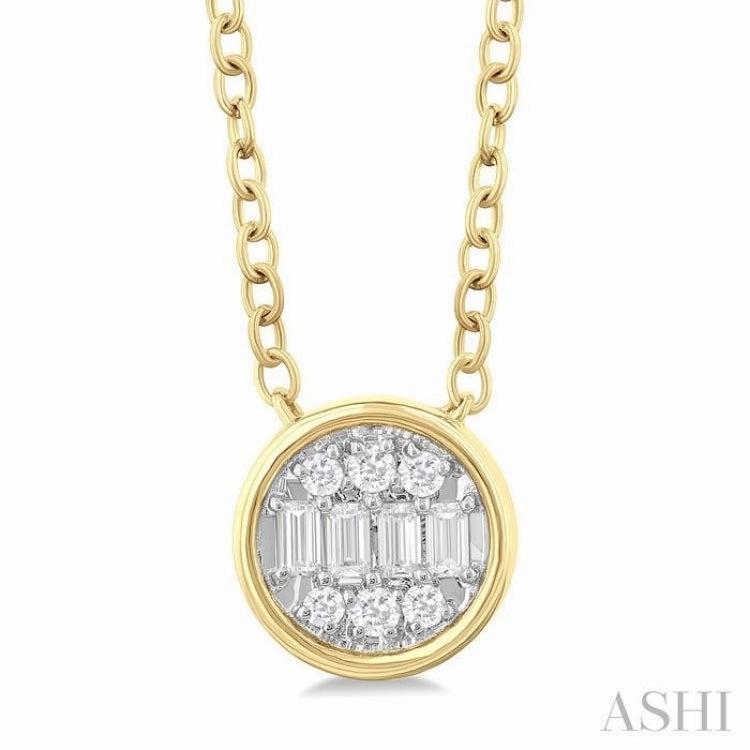 Minimalist Jewelry 1/6 Ctw Petite Bezel Set Round Shape Fusion Baguette and Round Cut Diamond Fashion Pendant With Chain in 10K Yellow Gold