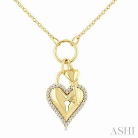 Polished Gift 1/6 Ctw Heart Lock & Key Charm Round Cut Diamond Fashion Pendant With Chain in 10K Yellow Gold