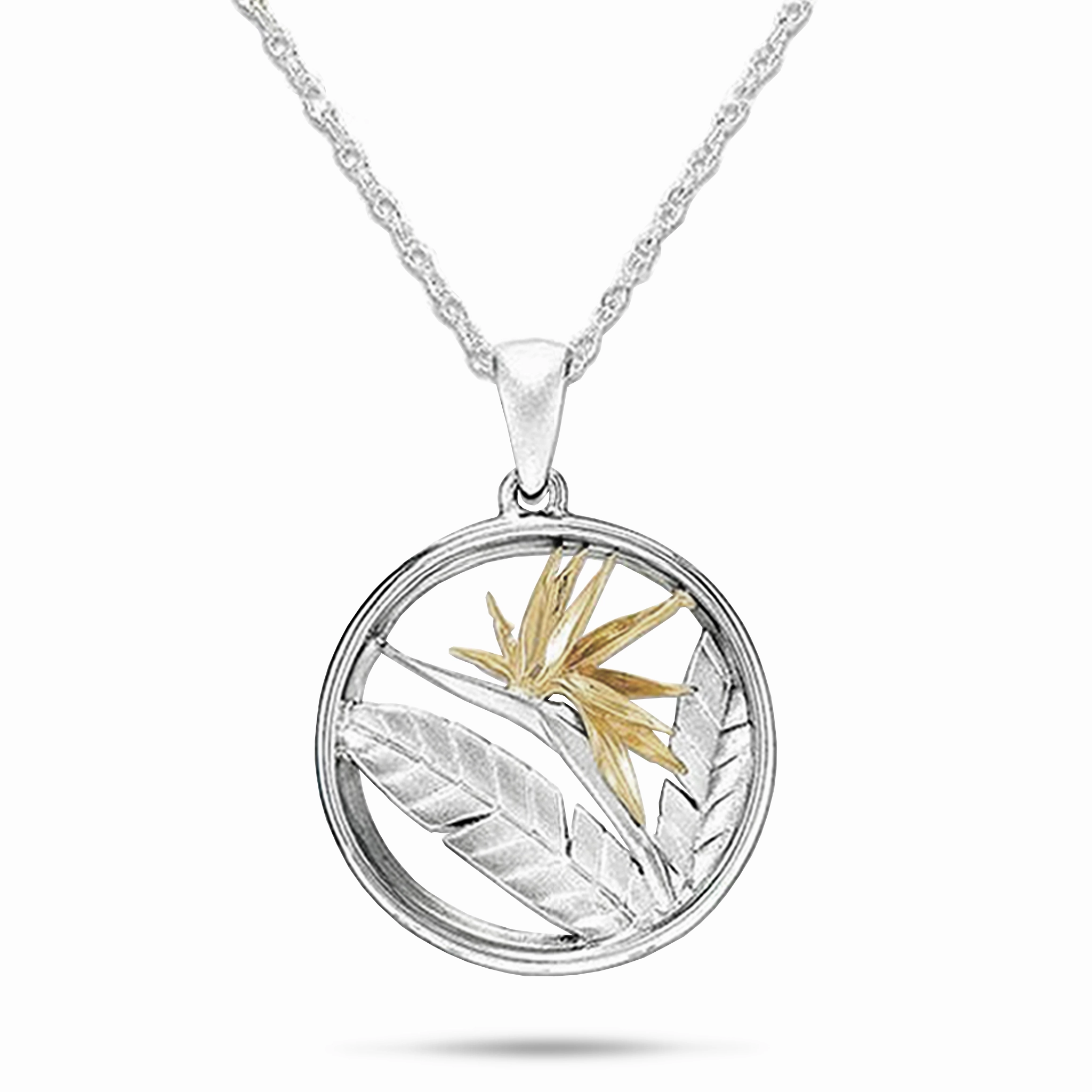 Fresh Feature Birds of Paradise Pendant / Necklace in Sterling Silver & Gold - 22mm