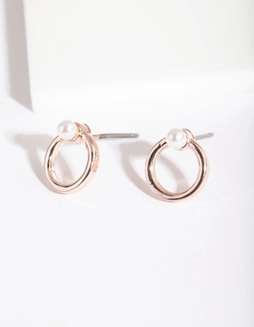 Edgy Light Rose Gold Circle Fixed Pearl Stud Earrings
