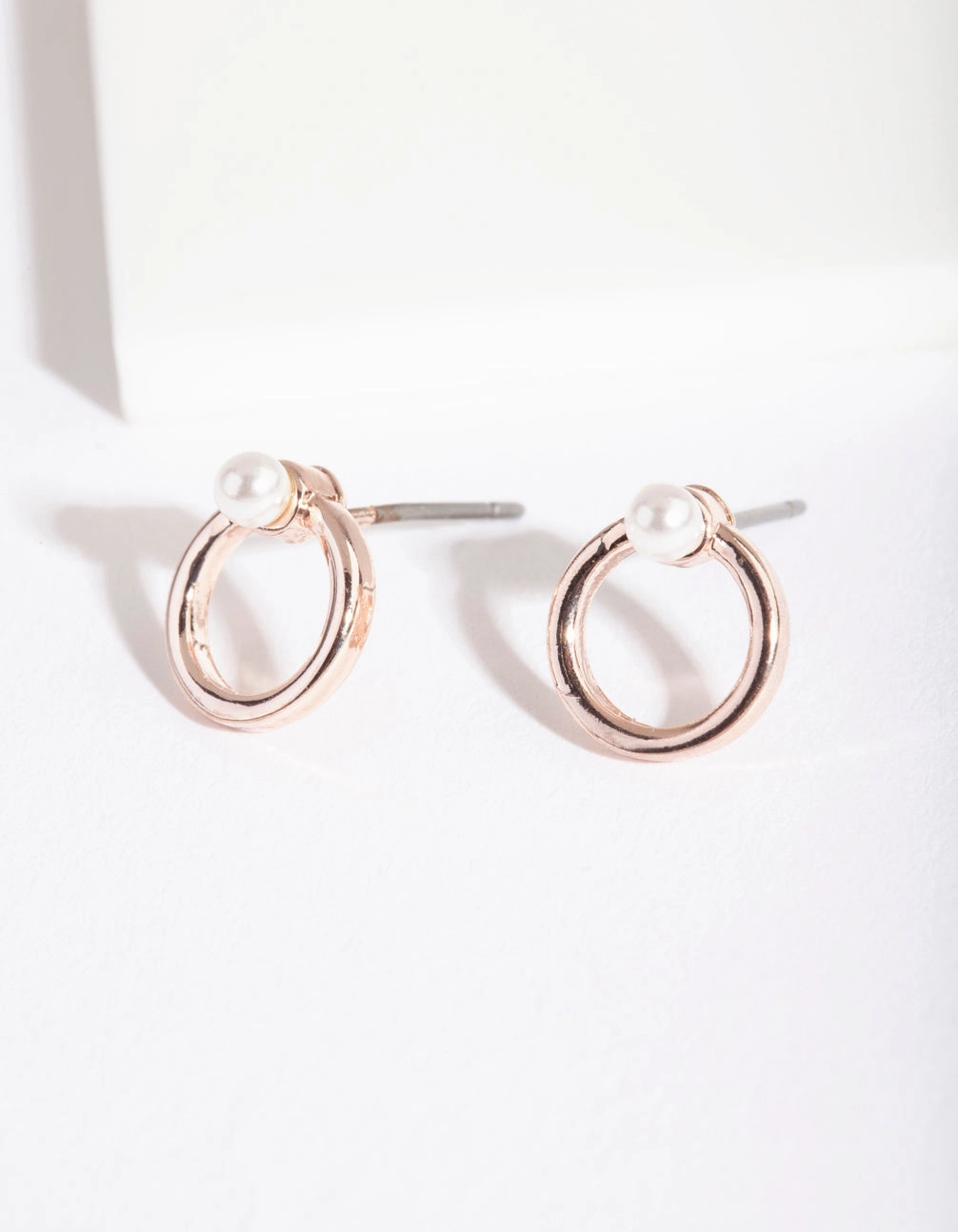 Edgy Light Rose Gold Circle Fixed Pearl Stud Earrings