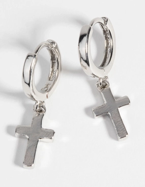 Bright Glow Silver Cross Huggie Hoop Earrings