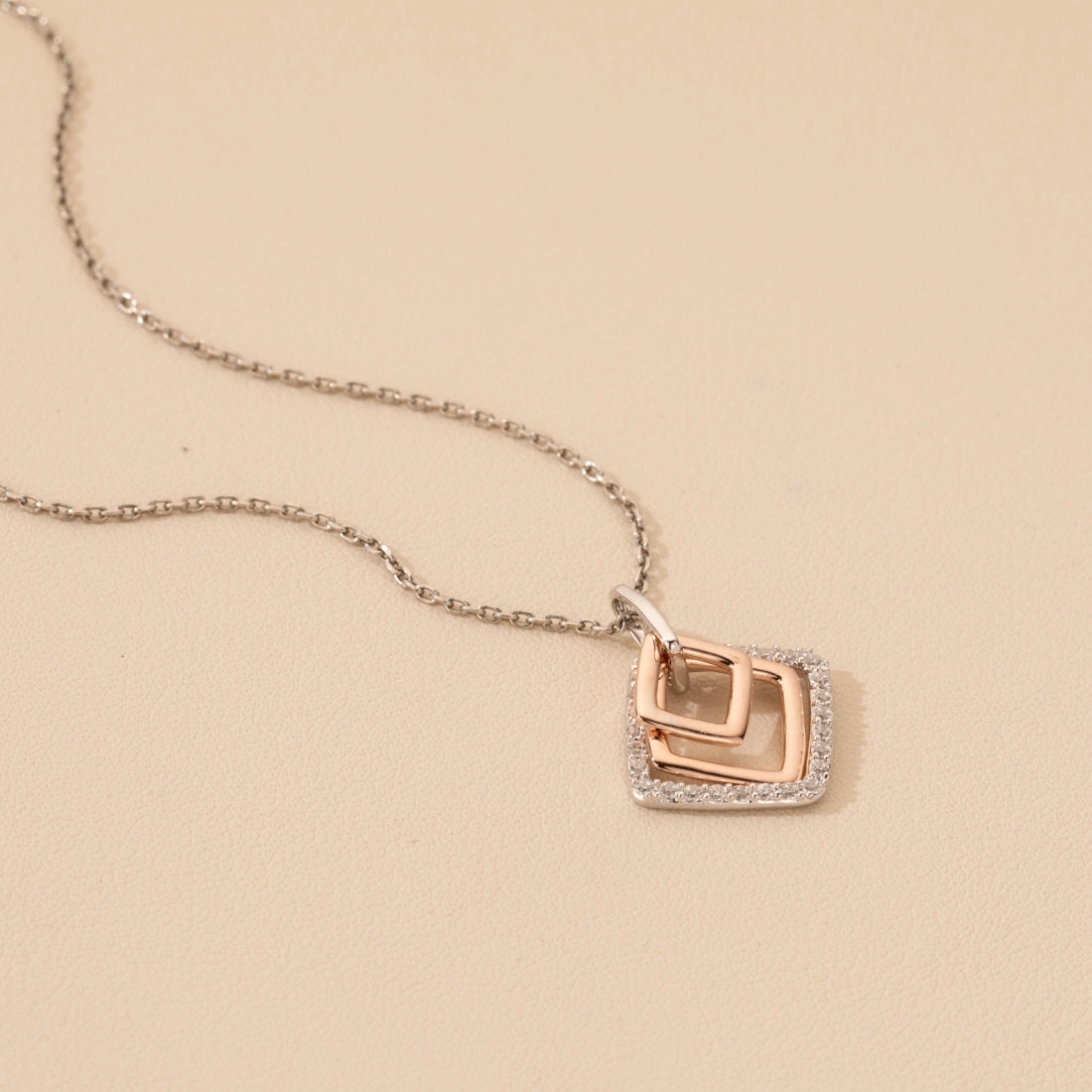 Rose-Tone Sterling Silver Open Layered Square Pendant Value Accessory Glam Gift