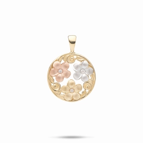 Contemporary Accent Signature Accent Hawaiian Heirloom Plumeria Pendant in Tri Color Gold with Diamonds - 18mm