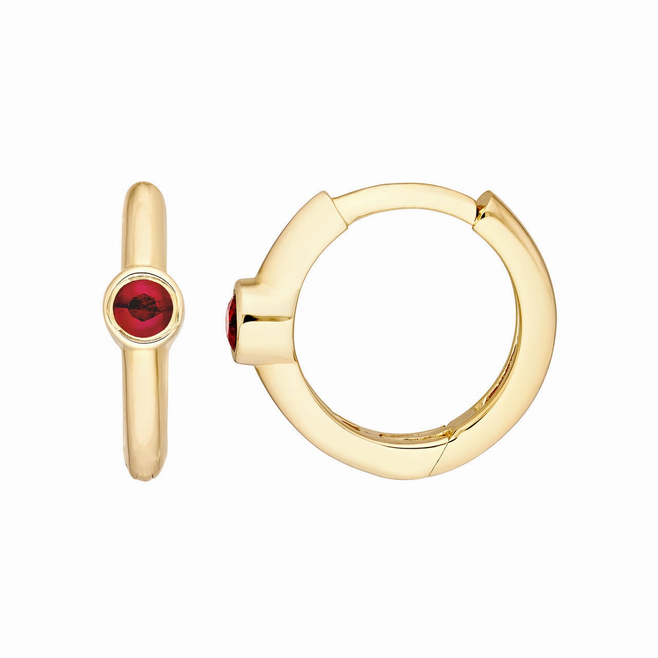 14k Yellow Gold Ruby Bezel Mini Hoops Ornate Piece