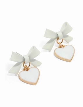 Autumn Accent Exquisite detail Gold White Coated Metal Bow Drop Heart Stud Earrings