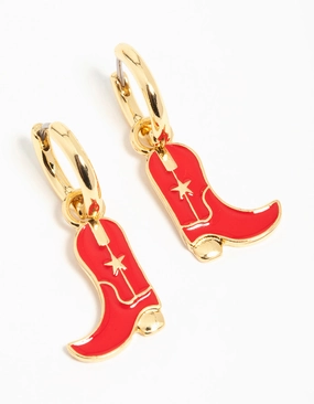 Gold Plated Red Enamel Cowboy Boot Drop Earrings Natural Flow Minimal Chic