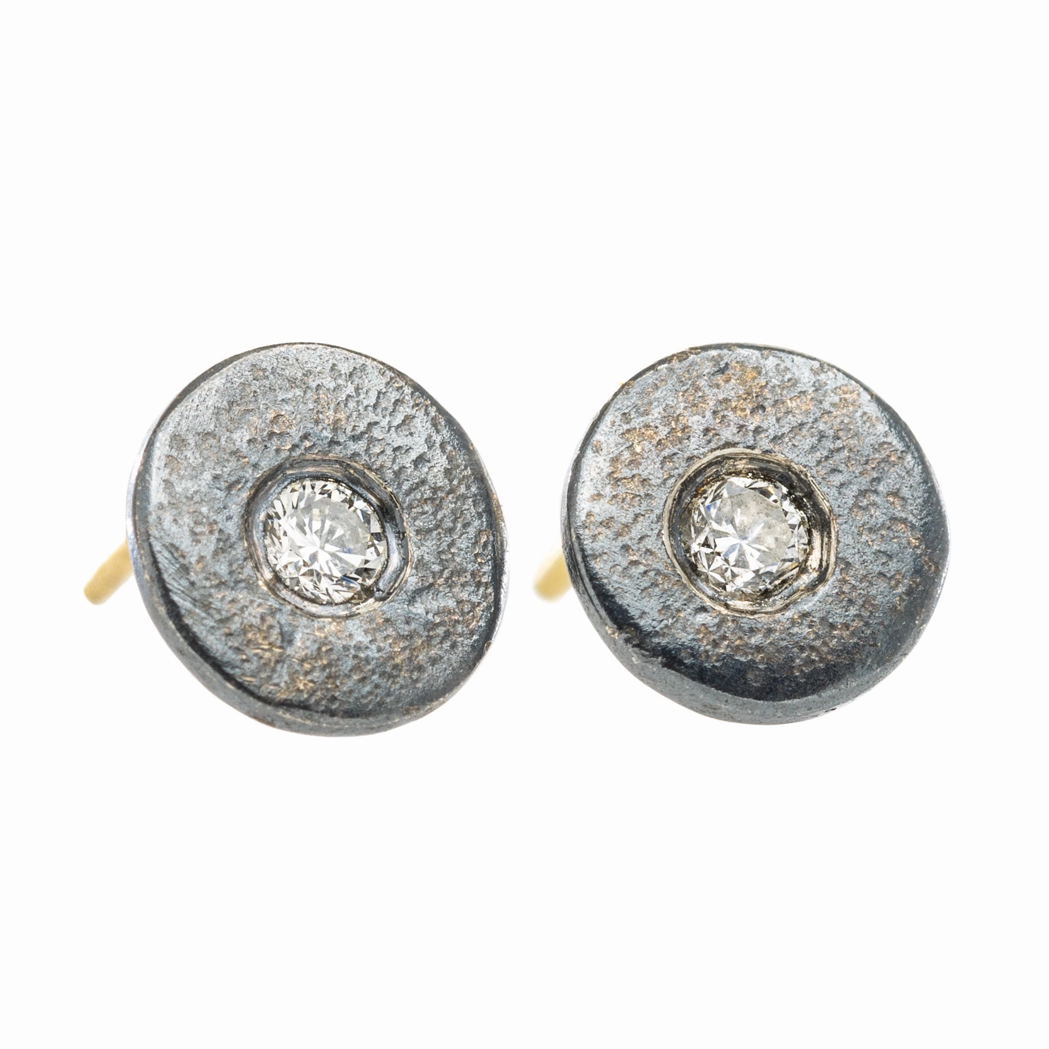 Exclusive Treasures Crisp Shine Pebble Stud Earrings - 18k Gold, Oxidized Silver   Reclaimed Diamonds