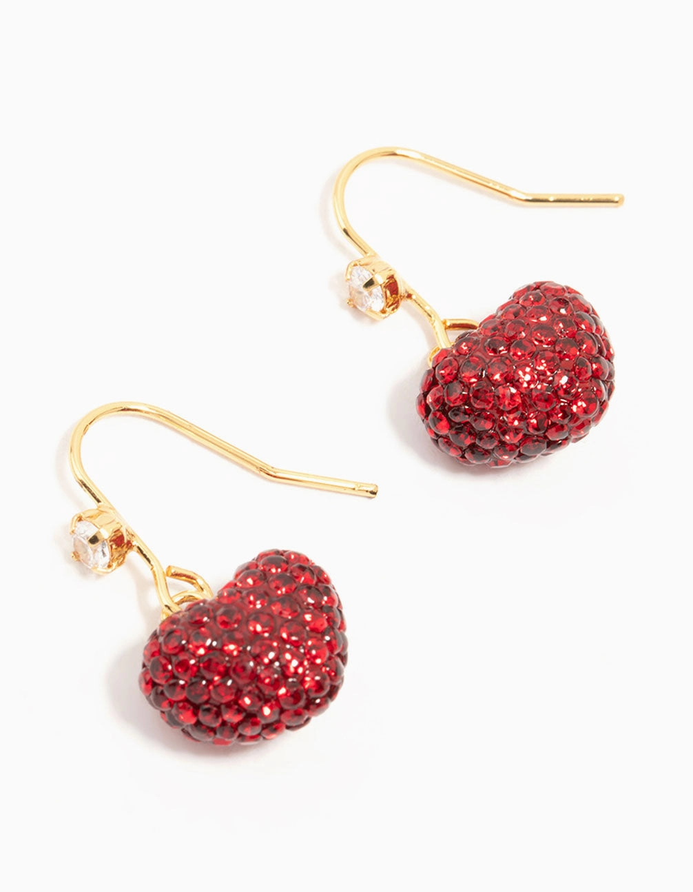 Gold Plated Red Diamante Puffy Heart Drop Earrings Handcrafted Shine