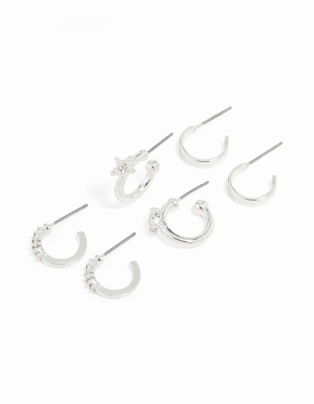 Charming Craft Petite Style Silver Diamante Star & Smooth Hoop Earrings 3-Pack