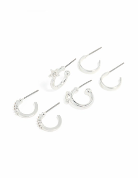 Charming Craft Petite Style Silver Diamante Star & Smooth Hoop Earrings 3-Pack
