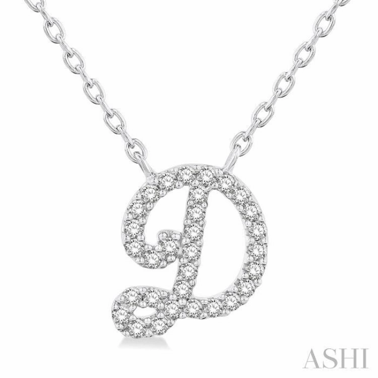 Chic Office Graceful Design 1/10 Ctw Initial 'D' Calligraphy Round Cut Diamond Fashion Pendant With Chain in 14K White Gold