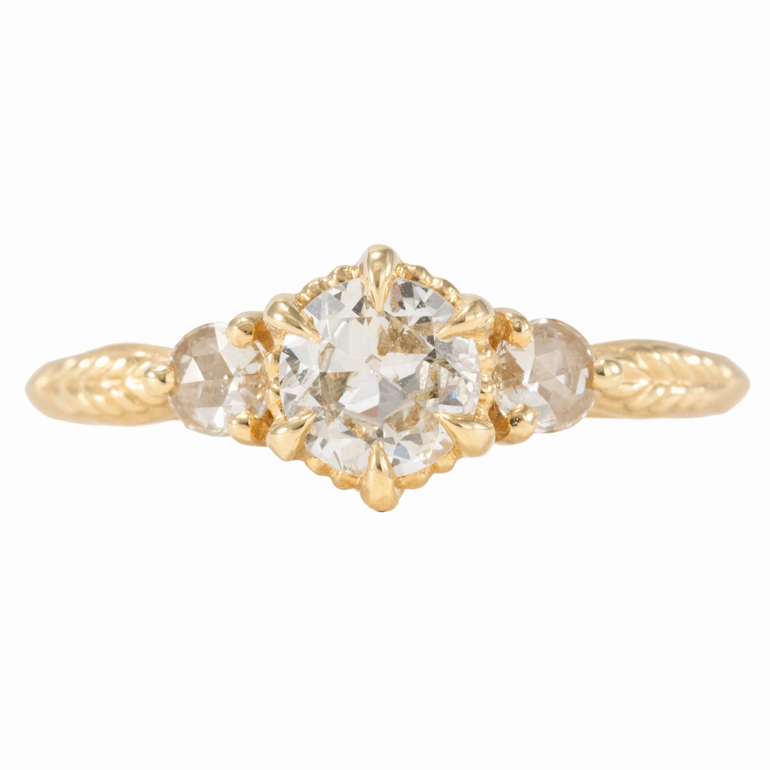 Structured Design Contemporary Design Evergreen 3-Stone Engagement Ring - 18k Yellow Gold, .42 ctw Antique Old Euro Cut Diamond (SI2/F)   Round Rose Cut Diamonds (.13 ctw)