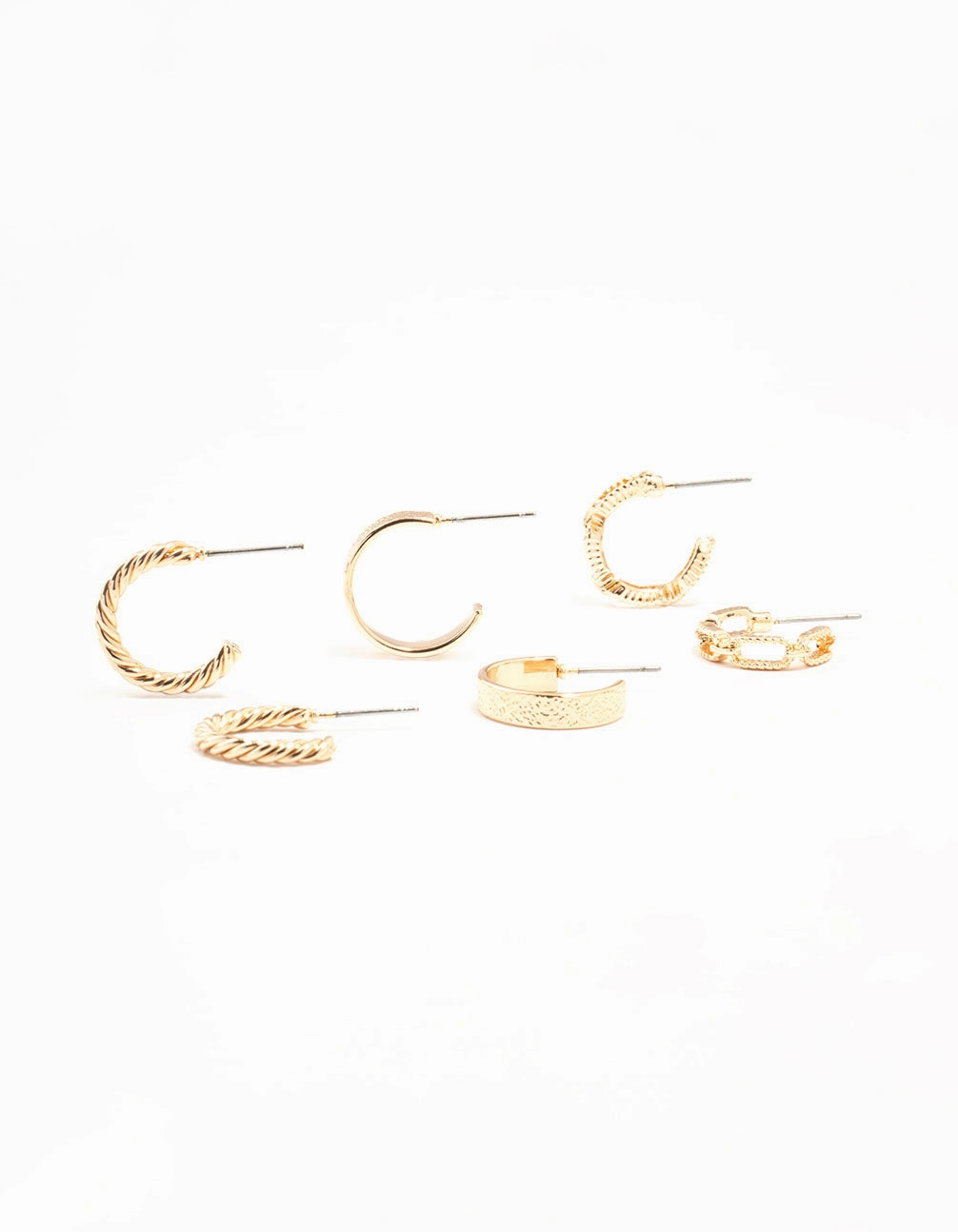 Gold Sand Blast & Link Hoop Earrings 3-Pack Radiant Pieces Finish