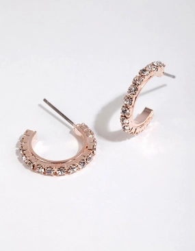 Rose Gold Riased Diamante Huggie Hoop Earrings Sparkling Style Valentine Token