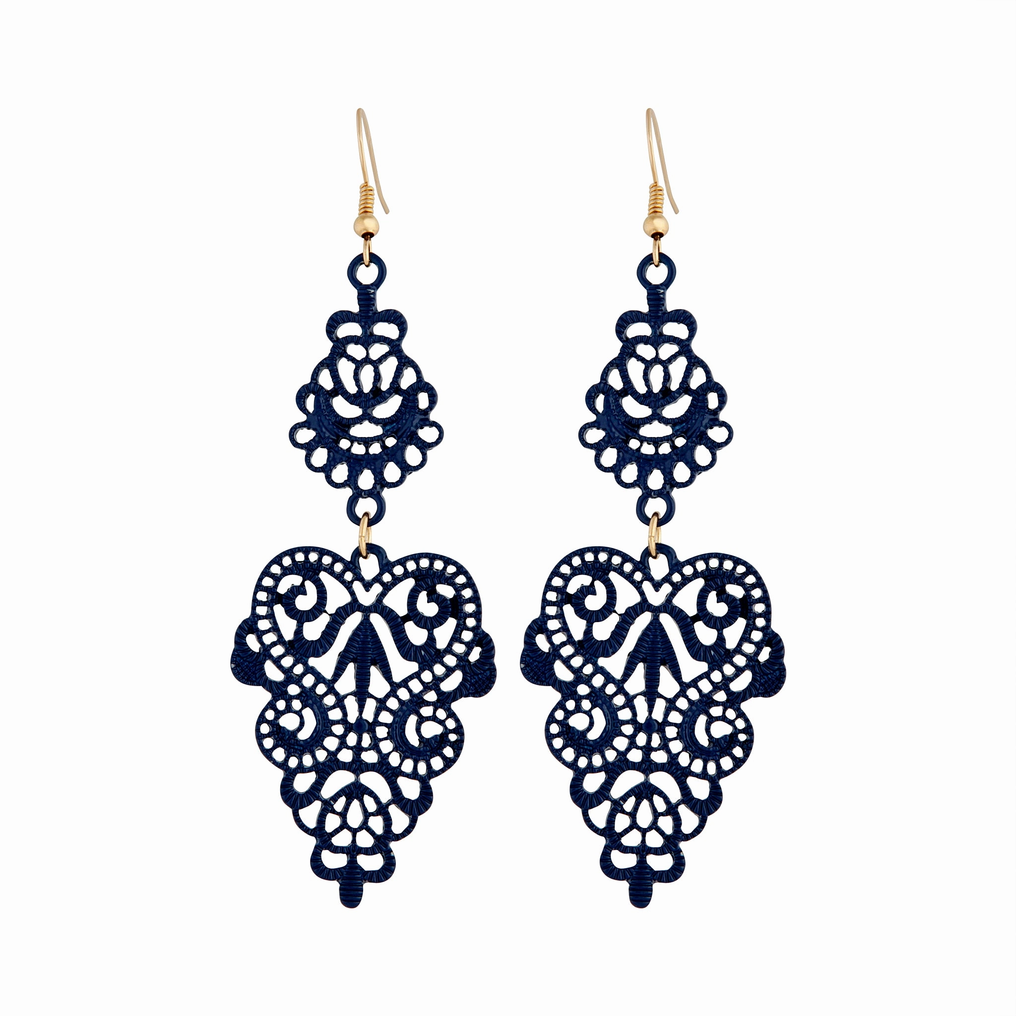Blue Metal Filigree Drop Earrings Glistening Sparkle