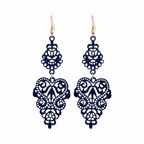 Blue Metal Filigree Drop Earrings Glistening Sparkle