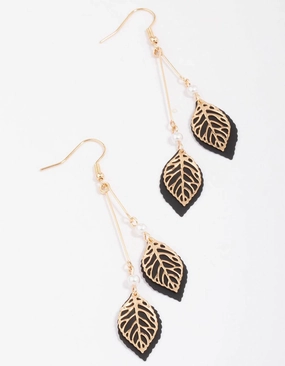 Delicate Glam Gold & Black Filigree Diamante Leaf Drop Earrings