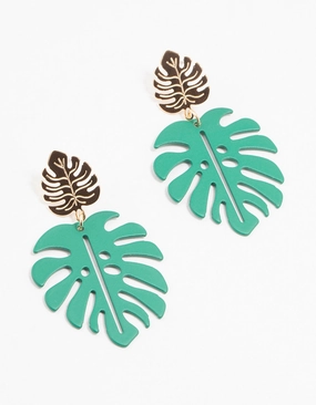 Gold & Green Coated Metal Monstera Leaf Drop Earrings Urban Flair