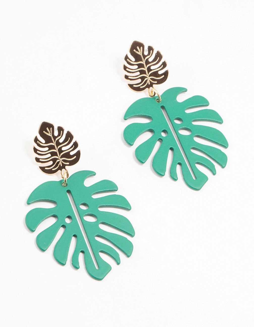 Gold & Green Coated Metal Monstera Leaf Drop Earrings Urban Flair