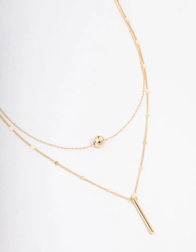 Refined Glow Fashion Finish Gold Bar & Ball Double Chain Short Necklace