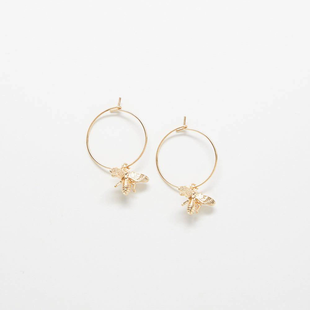 Gold Bee Hoop Drop Earrings Futuristic Decoration