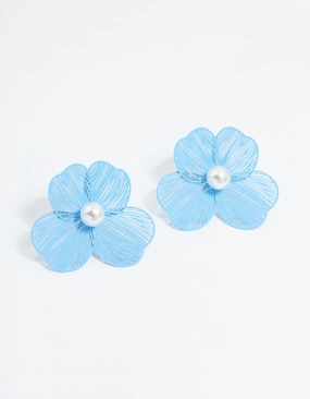 Unique Craftwork Gold Blue Laser Cut Flower Pearl Stud Earrings