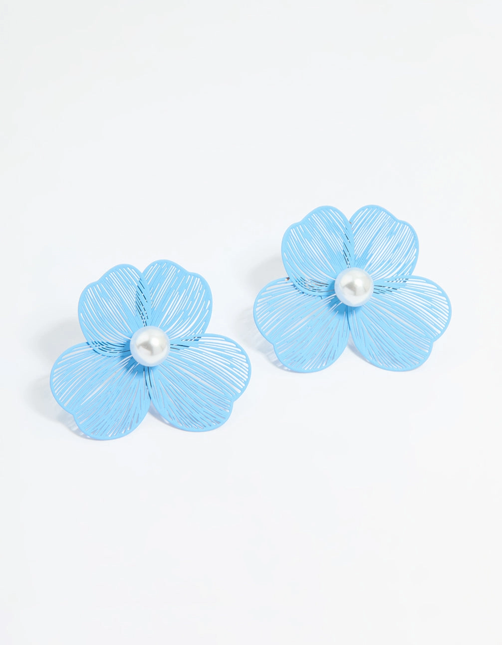 Unique Craftwork Gold Blue Laser Cut Flower Pearl Stud Earrings